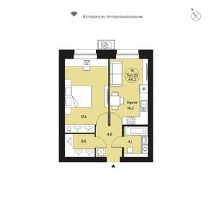 1-к квартира, вторичка, 44м2, 1/9 этаж