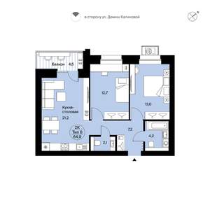 2-к квартира, вторичка, 65м2, 9/9 этаж