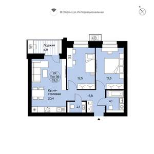 2-к квартира, вторичка, 63м2, 2/9 этаж