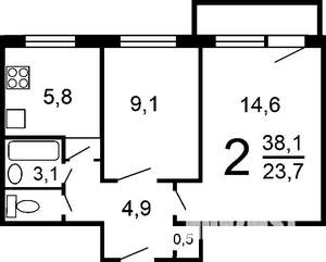 2-к квартира, вторичка, 37м2, 4/5 этаж