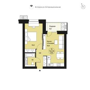 1-к квартира, вторичка, 48м2, 8/9 этаж