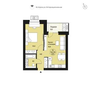 1-к квартира, вторичка, 48м2, 9/9 этаж