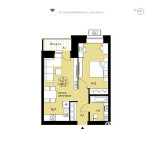 1-к квартира, вторичка, 45м2, 4/15 этаж