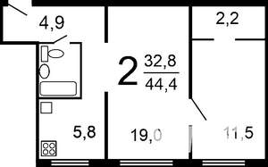 2-к квартира, вторичка, 44м2, 2/5 этаж