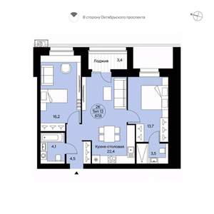 2-к квартира, вторичка, 68м2, 2/14 этаж