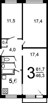 3-к квартира, вторичка, 61м2, 2/5 этаж