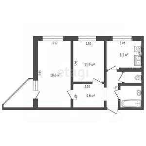 2-к квартира, вторичка, 53м2, 9/9 этаж