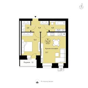 1-к квартира, вторичка, 50м2, 4/15 этаж