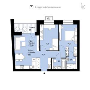 2-к квартира, вторичка, 72м2, 9/9 этаж