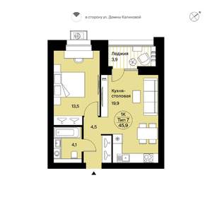 1-к квартира, вторичка, 46м2, 9/9 этаж