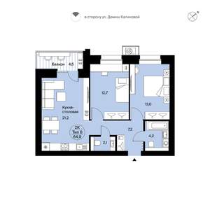 2-к квартира, вторичка, 65м2, 8/9 этаж