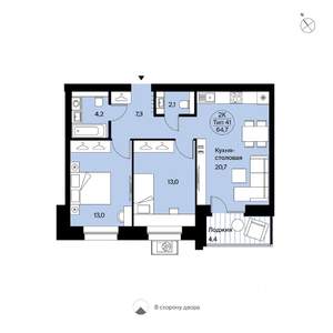 2-к квартира, вторичка, 65м2, 9/9 этаж