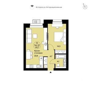 1-к квартира, вторичка, 46м2, 8/9 этаж